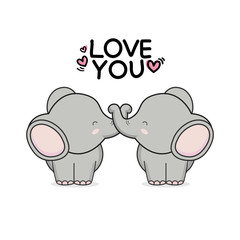 Valentines day greeting card. Cute couple elephant hand drawn cartoon animal character.