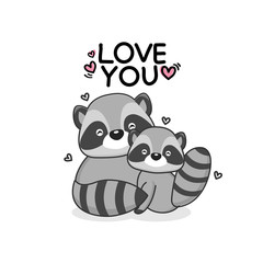 Valentines day greeting card. Cute couple raccoon hand drawn cartoon animal character.