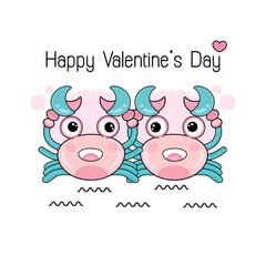 Cute  couple crab in cartoon style for Happy Valentine's greeting card.