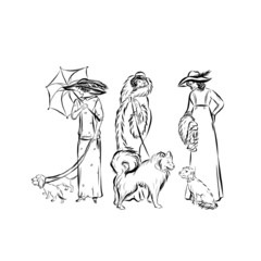 elegant woman in vintage style clothes with a dog, pet, hand drawn graphic vector illustration, texture design for poster, print for clothes, wrapping paper, card. 