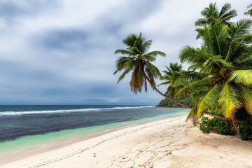 Obraz na płótnie Canvas Tropical raining whether on the sandy beach with coconut palm trees and tropical ocean in paradise islands Seychelles.