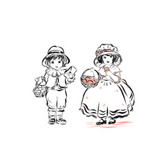 Happy easter, children congratulation on the spring Christian holiday, a boy with a letter stands with a girl holdings a basket of eggs in traditional vintage clothes