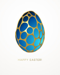 Easter greeting card with an image of an Easter egg in a golden organic realistic 3d grid pattern. Jewelry decoration. Luxury ornament. Vector illustration