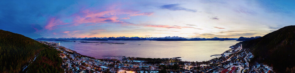 Aerial view of residential area in Molde, Norway in the evening at sunset