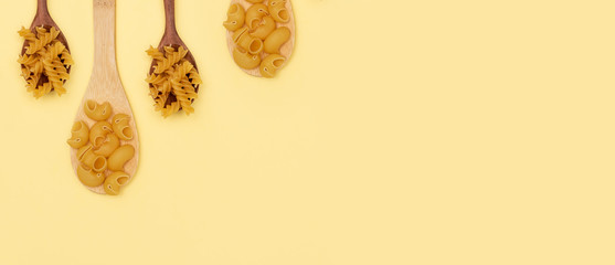 Pasta selection of penne, gnocci, rigatoni, casarecce, fiorelli and algar in wooden spoons over white background.