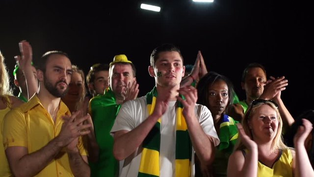 Football / Soccer fans or supporters Clapping at a match. Green and yellow. Brazil fans. Slow motion