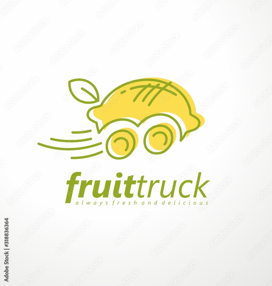 Wall mural fruit truck market logo design idea with fresh lemon on the wheels. creative symbol template for fru