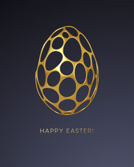 Easter greeting card with an image of an Easter egg in a golden organic realistic 3d grid pattern. Jewelry decoration. Luxury ornament. Vector illustration
