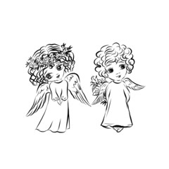 Kids angel. Biblical heavenly symbol of man with wings. Decor for greeting retro cards for Christmas, Easter and other religious holidays. Illustration for children's tales.