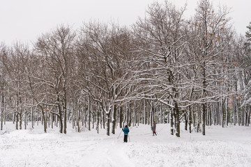 children skiing on a white snow in beautiful forest