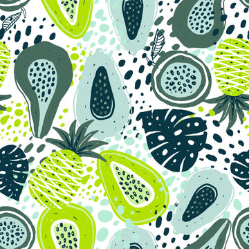 Seamless pattern with creative modern fruits. Hand drawn trendy background. Abstract pattern with papaya pineapple and passion fruit. Template for cards, banners, print fabric, t-shirt.