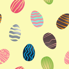 Vector illustration with seamless pattern with eggs collection for happy easter greeting card. Grunge brushes painted eggs in yellow colors. For easter design, wrapping or background