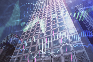 Forex chart on cityscape with tall buildings background multi exposure. Financial research concept.