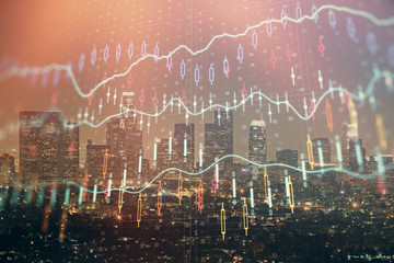 Multi exposure of forex chart drawings over cityscape background. Concept of success.