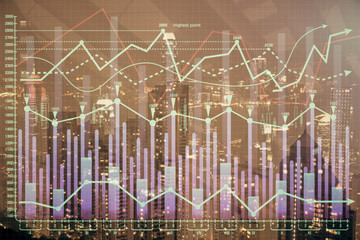 Double exposure of forex chart drawings over cityscape background. Concept of success.