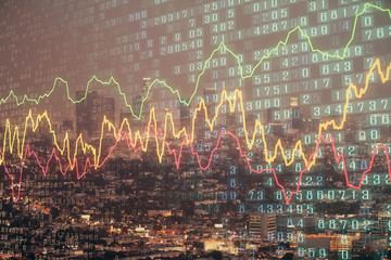 Financial graph on night city scape with tall buildings background double exposure. Analysis concept.