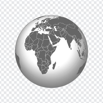 Globe of Earth with borders of all countries. 3d icon Globe in gray on transparent background. High quality world map in gray.  Africa, Middle East. Vector illustration. EPS10. 