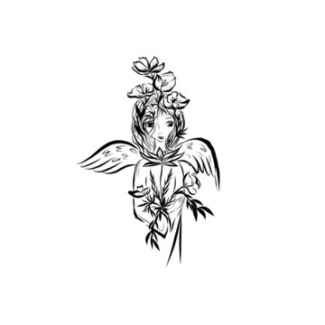 girl with flowers and wings, angel kid. 