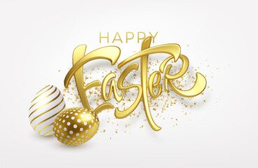 Modern trendy Golden metallic shiny typography Happy Easter on a background of easter eggs. 3D realistic lettering for the design of flyers, brochures, leaflets, posters and cards Vector illustration