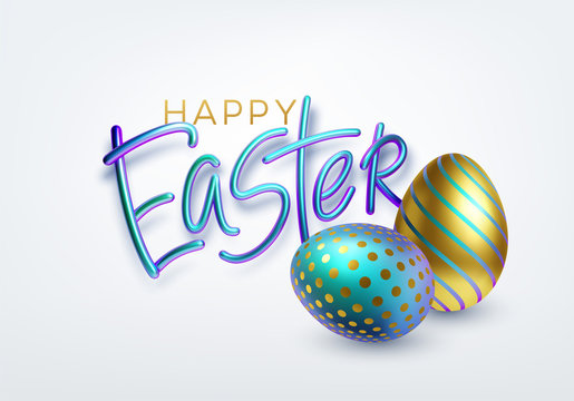 Modern trendy Golden metallic shiny typography Happy Easter on a background of easter eggs. 3D realistic lettering for the design of flyers, leaflets, posters and cards. Vector illustration