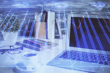 Multi exposure of forex graph and work space with computer. Concept of international online trading.