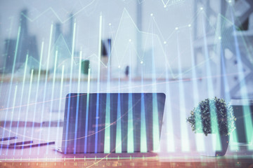 Forex Chart hologram on table with computer background. Double exposure. Concept of financial markets.
