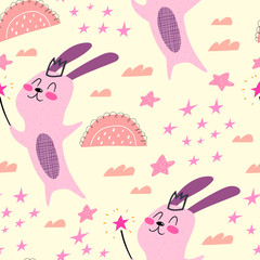 Seamless pattern with cartoon magic bunnies, decor elements on a neutral background. flat style, colorful vector for kids. hand drawing. baby design for fabric, wrapper, print, textile