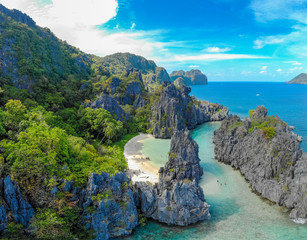 Aerial view of Hidden beach in Matinloc Island, El Nido, Palawan, Philippines - Tour C route -...
