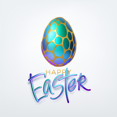 Modern trendy Golden metallic shiny typography Happy Easter on a background of easter eggs. 3D realistic lettering for the design of flyers, leaflets, posters and cards. Vector illustration