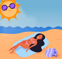 Woman  in pink bikini is lying down on the beach with seascape, in sunbeams