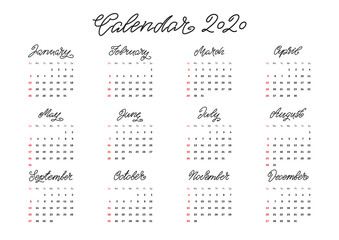 Monthly calendar 2020 template. Wall calendar with hand drawing lettering monthes names. Vector illustration 8 EPS.