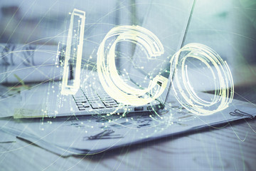 Double exposure of blockchain theme hologram and table with computer background. Concept of bitcoin...