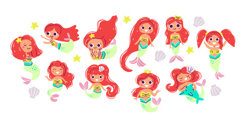 cute european red hair mermaids illustrations