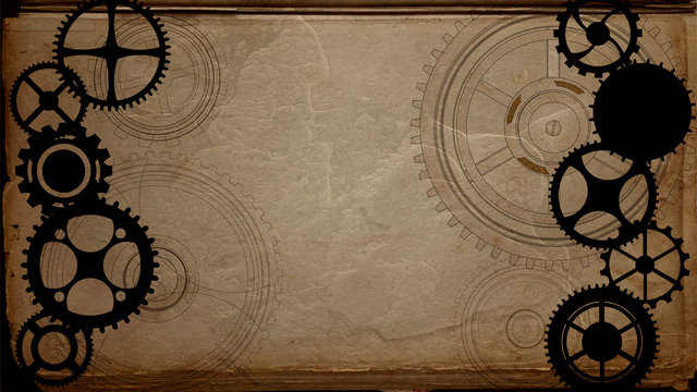 Vintage steampunk cogs gears and wheels, Frame background. Old retro paper canvas. Wallpaper.