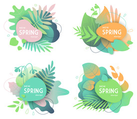 Set of spring floral compositions. Seasonal announcement or promotional templates for web, graphic design, advertising, social media, labels or stickers. Modern flat style vector illustrations