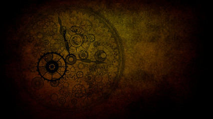 Fototapeta na wymiar Vintage clock on grunge background, steampunk dark collage.