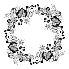 Hand drawn round frame wreath with monochrome tropical Orchids, Phalaenopsis. Floral manual graphic with contours and silhouettes of tropical flowers. Perfect for wedding design, greeting card.