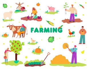 Farming set with people and animals characters vector illustration isolated.