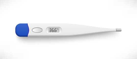 Realistic 3d electronic medical thermometer with shadow top view isolated on white background. Digital device icon showing 36.6 degrees Celsius temperature. Vector illustration