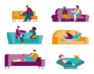 Set of people sitting on sofa and communicating vector illustration isolated.