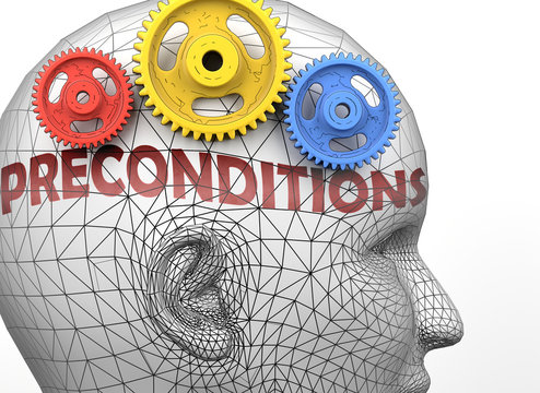 Preconditions and human mind - pictured as word Preconditions inside a head to symbolize relation between Preconditions and the human psyche, 3d illustration