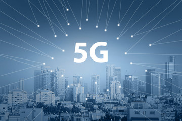 5G technology. Modern city and communication network, Smart City. Internet of things. Smart grid. Conceptual abstraction. Blue tone city scape and network connection concept.