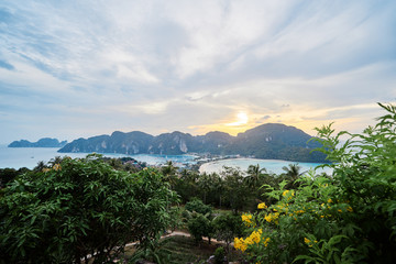 Fototapeta na wymiar Wonderful sunset on Phi Phi Don island view point. Beautiful landscape with tropical sea lagoon.