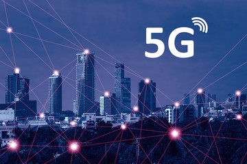 Internet of things. Smart grid. Conceptual abstraction. 5G technology. Modern city and communication network, Smart City. Blue tone city scape and network connection concept.     