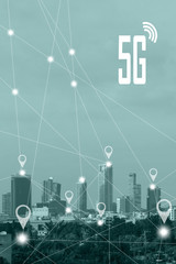 Location gps or Map pin flat above blue tone Tel Aviv city scape and network connection concept....
