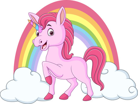 Cute baby unicorn with clouds and rainbow
