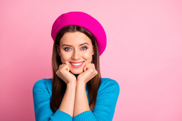 Close-up portrait of her she nice-looking attractive lovely lovable cheerful cheery glad sweet cute winsome brown-haired girl holiday weekend isolated over pink pastel color background