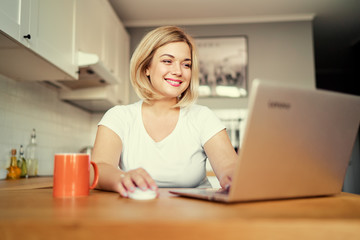 Working at home. Freelance concept. Pretty young woman using laptop in kitchen.