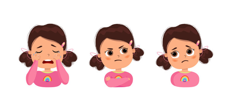 unhappy cute kid teen girl face expression emoji emoticon set. Emotions of sad resentment. Cartoon girl crying. Vector flat illustration.