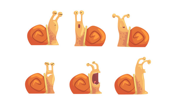 Snail with Different Emotions Collection, Cute Gastropod Mollusk Cartoon Character with Funny Face Vector Illustration